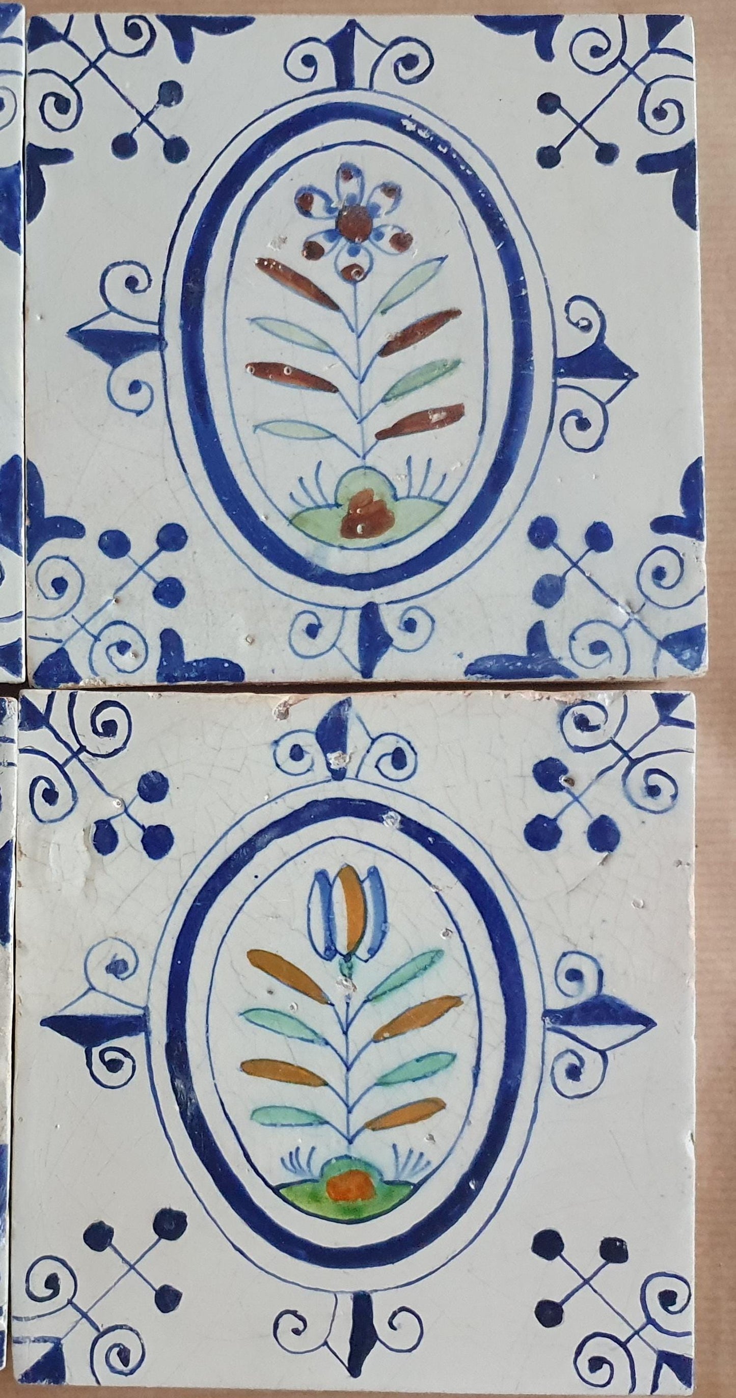 17th  Delft tulip medaillon tiles,  antique tiles with flowers, and Tulips set of 6