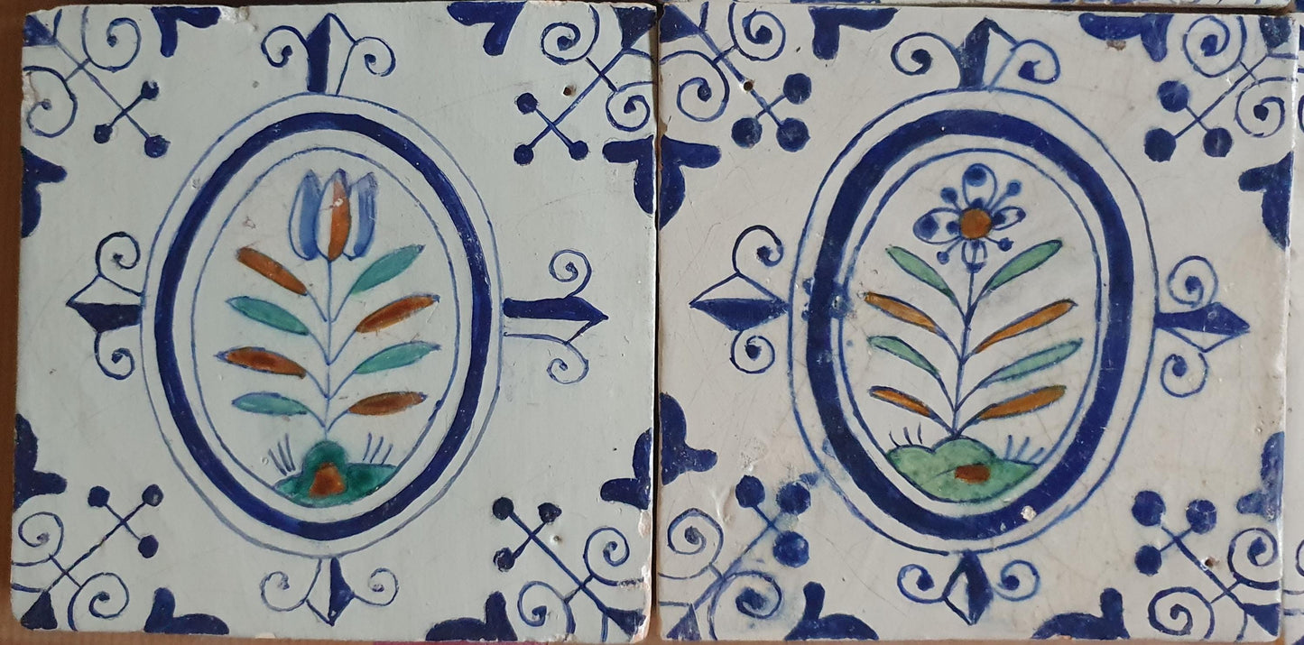 17th  Delft tulip medaillon tiles,  antique tiles with flowers, and Tulips set of 6