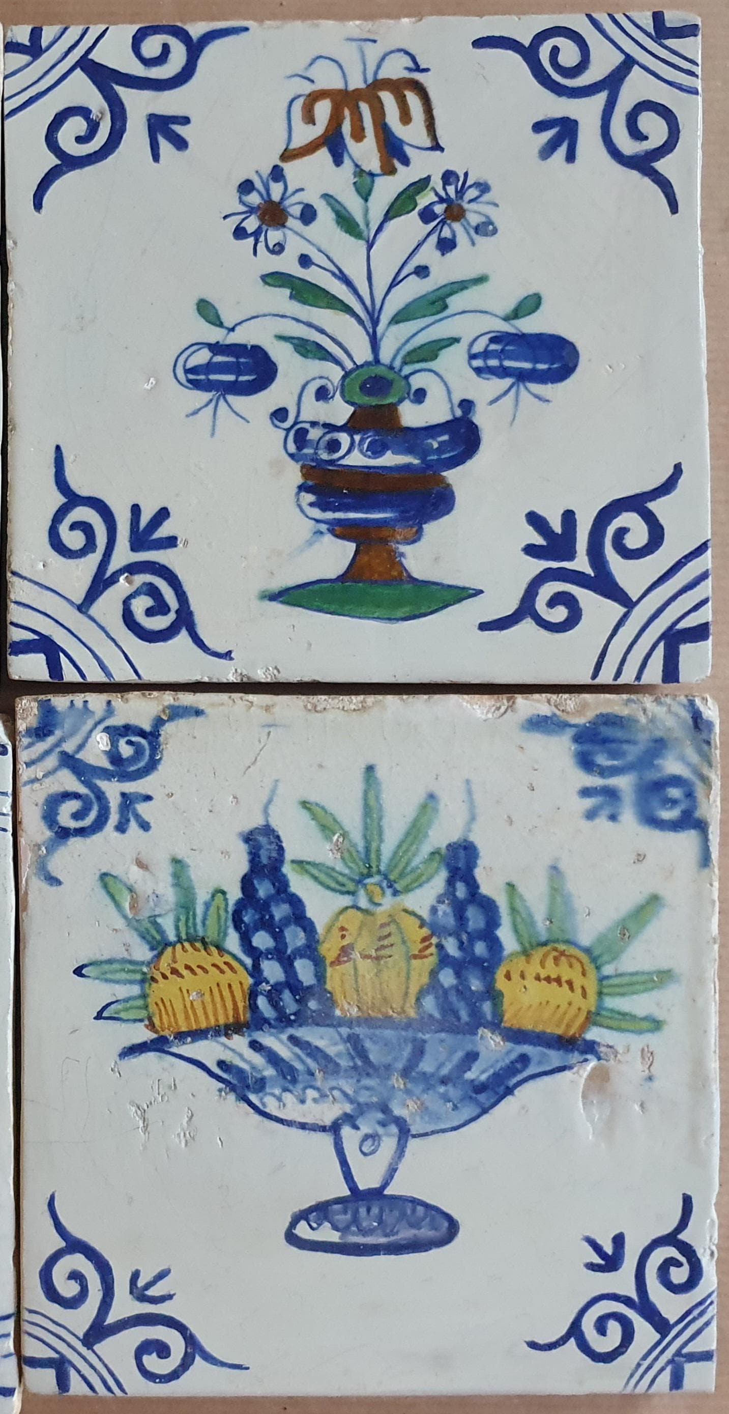 17th  Delft tiles,  antique tiles with flowers pots and fruit bowl, set of 6