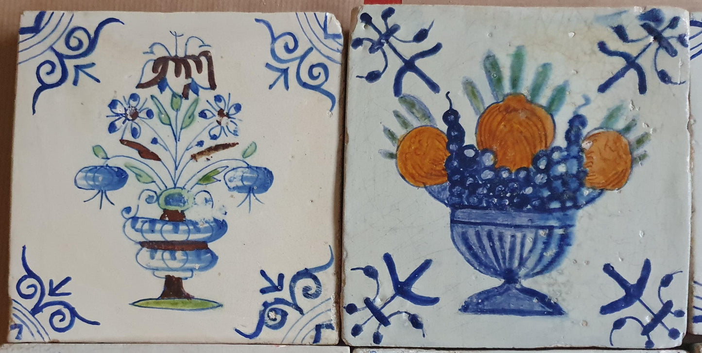 17th  Delft tiles,  antique tiles with flowers pots and fruit bowl, set of 6