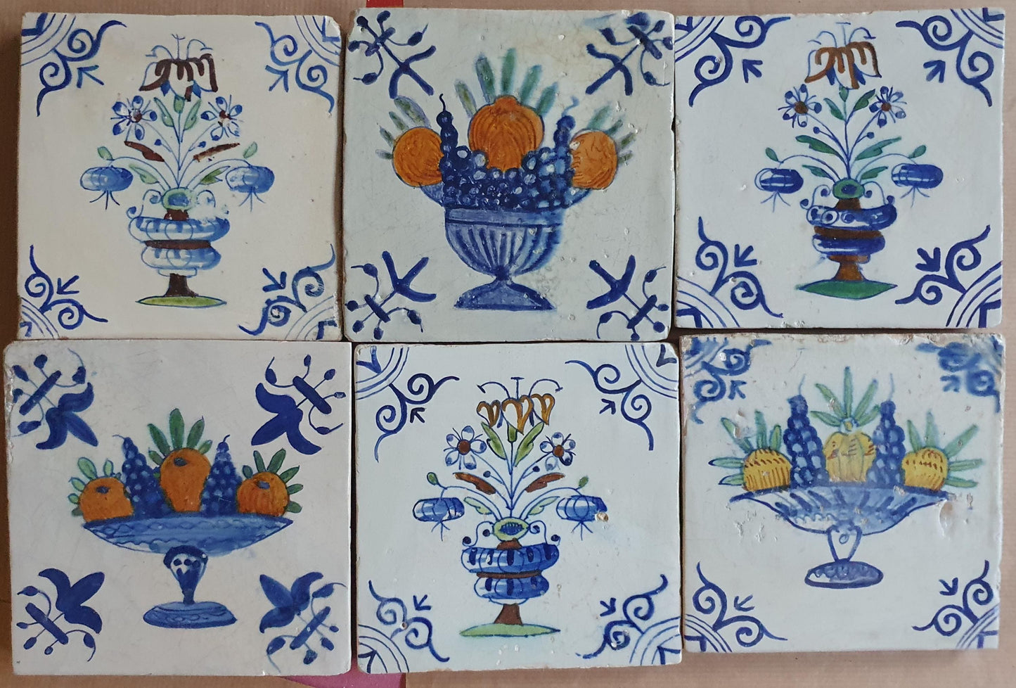 17th  Delft tiles,  antique tiles with flowers pots and fruit bowl, set of 6