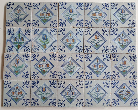 Antique Delft Tiles, 17th Century Dutch Polychrome Tulips, Kivits Flowers ,set of 20