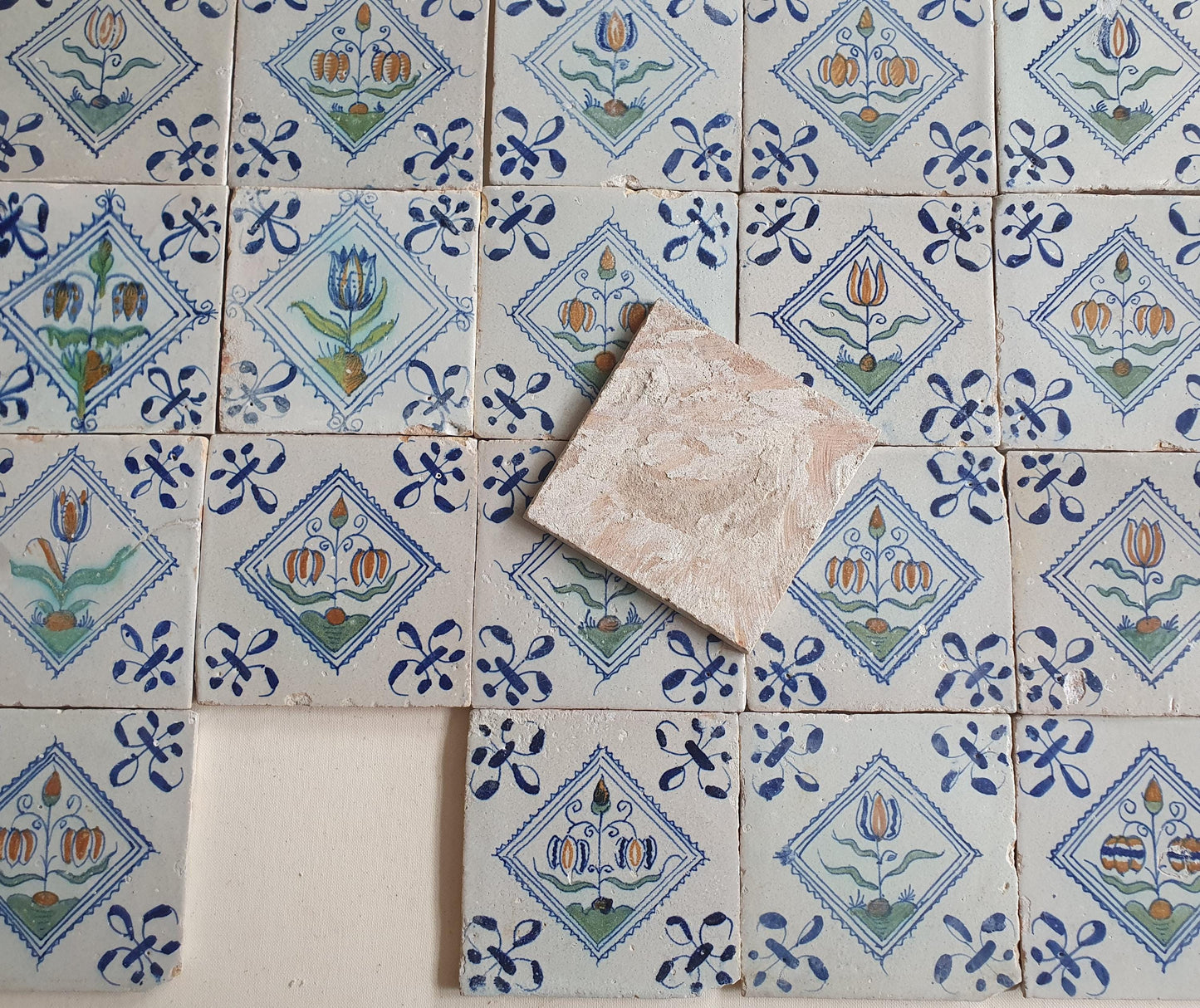 Antique Delft Tiles, 17th Century Dutch Polychrome Tulips, Kivits Flowers ,set of 20