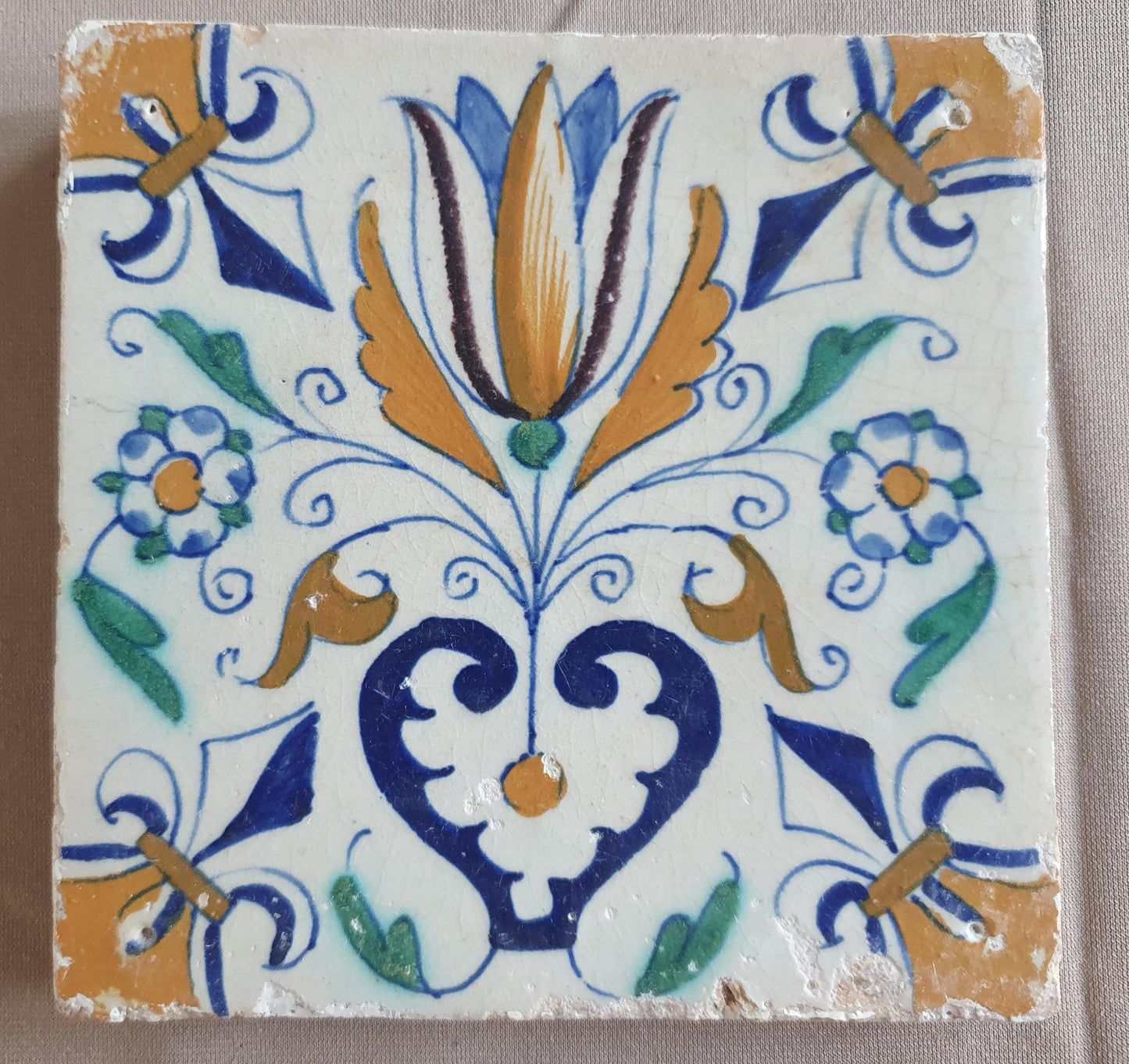 Dutch Delft Tile, Tulip Heart, 17th century polychrome walltile, ca 1630