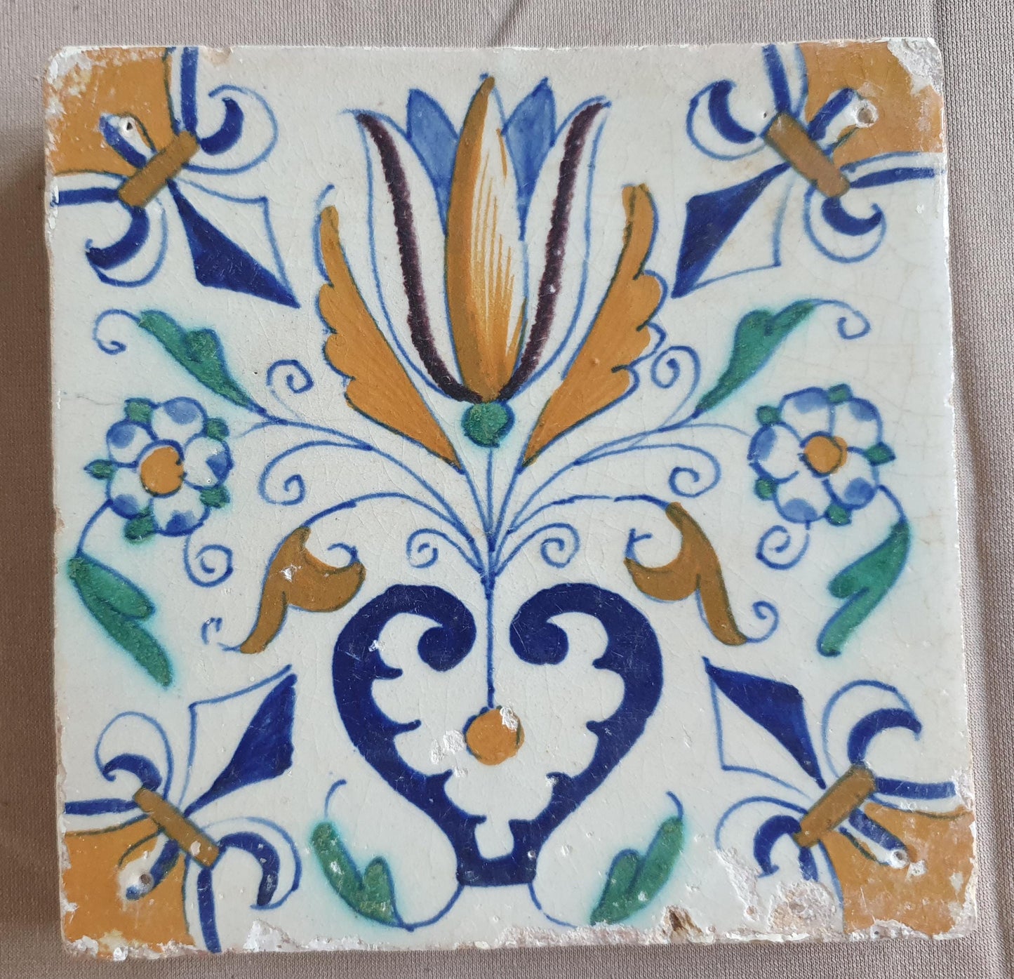 Dutch Delft Tile, Tulip Heart, 17th century polychrome walltile, ca 1630