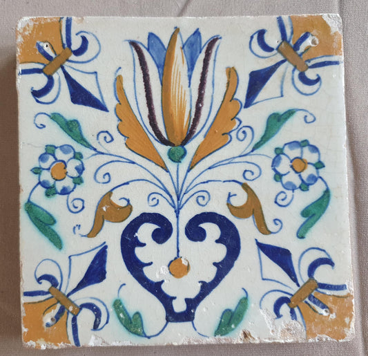 Dutch Delft Tile, Tulip Heart, 17th century polychrome walltile, ca 1630