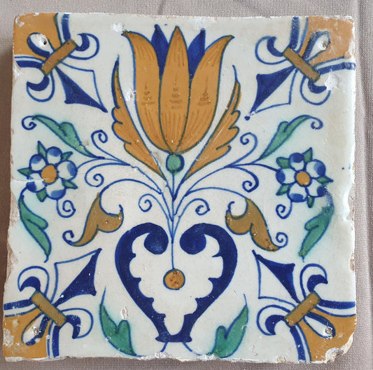 Dutch Delft Tile, Tulip Heart, 17th century polychrome walltile, ca 1630