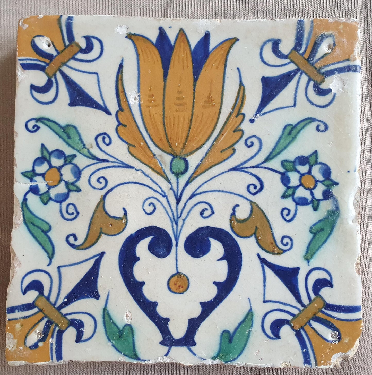 Dutch Delft Tile, Tulip Heart, 17th century polychrome walltile, ca 1630