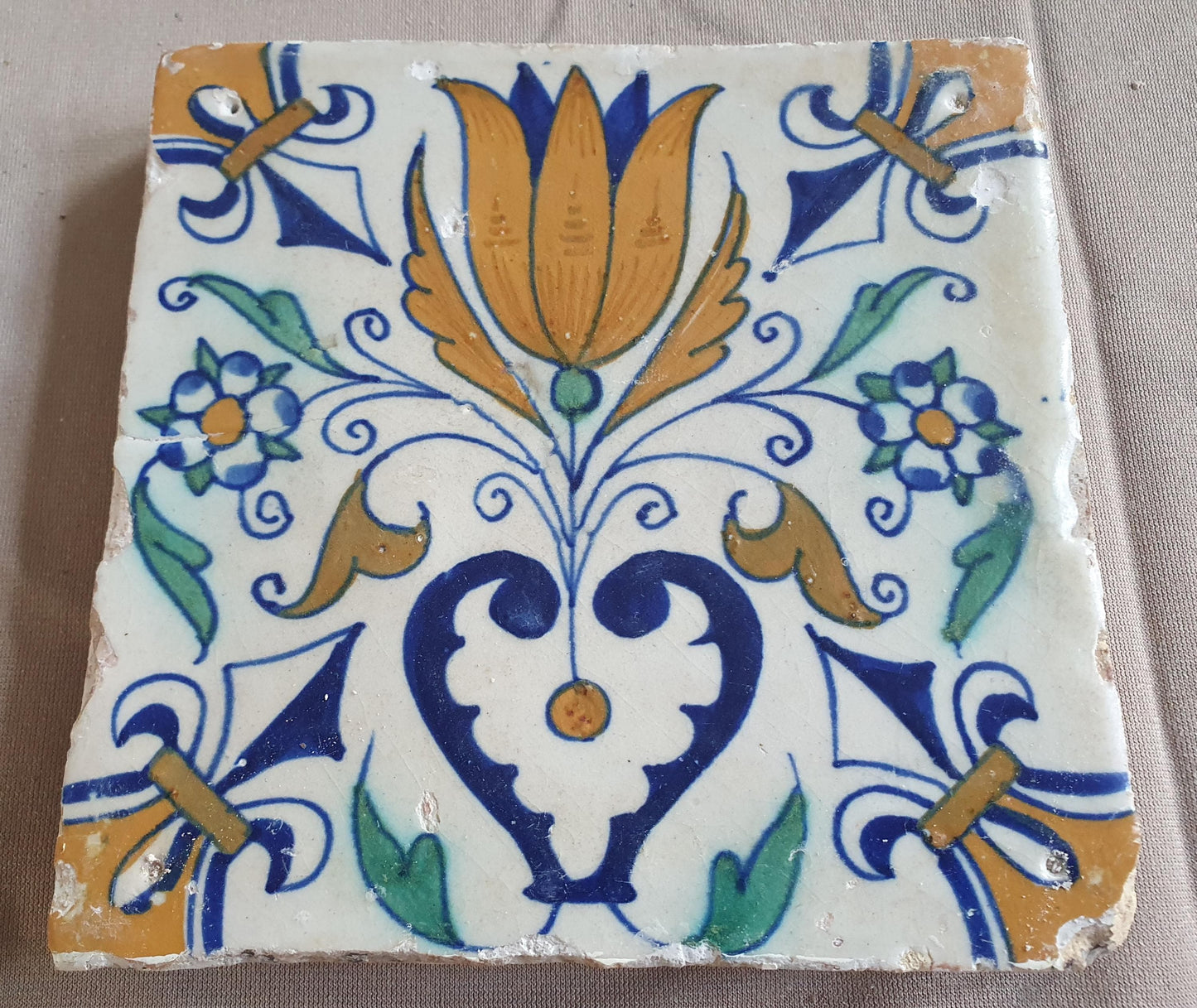 Dutch Delft Tile, Tulip Heart, 17th century polychrome walltile, ca 1630
