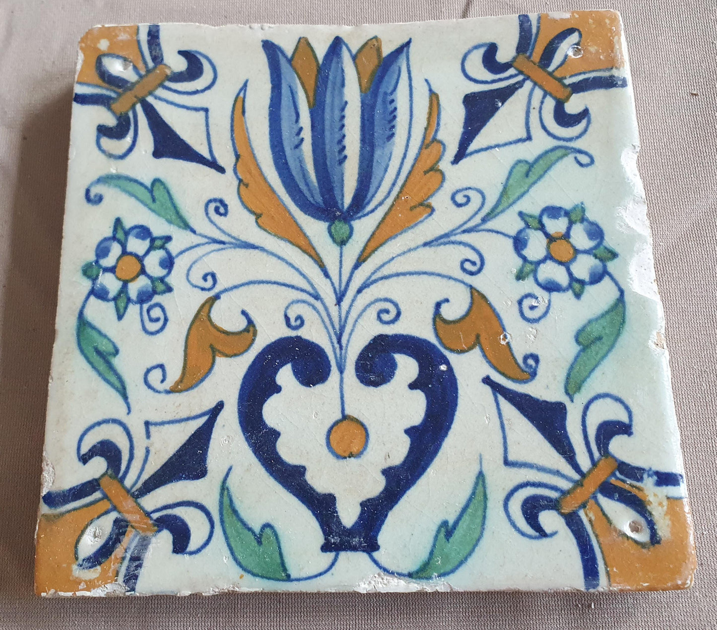Dutch Delft Tile, Tulip Heart, 17th century polychrome walltile, ca 1630