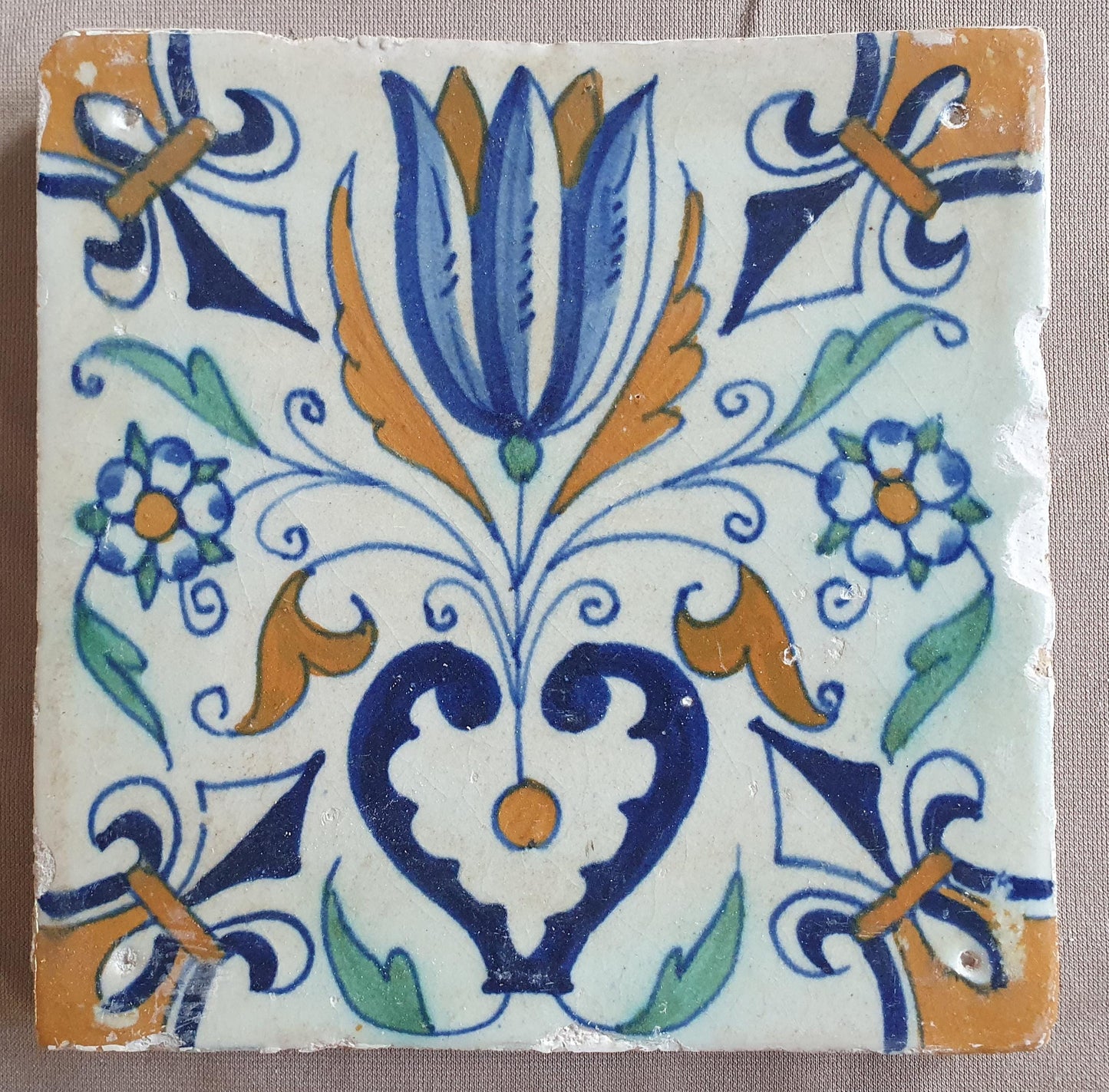 Dutch Delft Tile, Tulip Heart, 17th century polychrome walltile, ca 1630