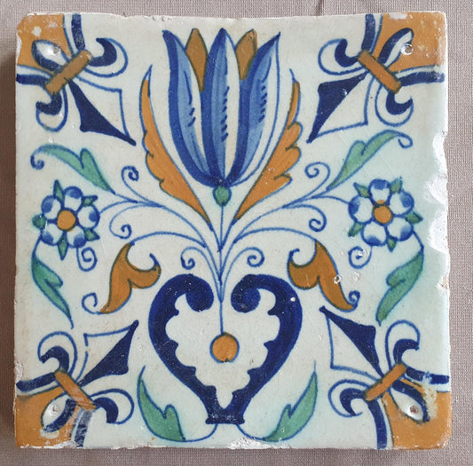Dutch Delft Tile, Tulip Heart, 17th century polychrome walltile, ca 1630