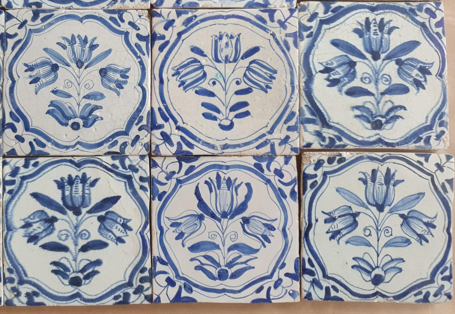 Antique Delft Tulip Tiles, 17th Century Dutch Wall Decor, Set of 20