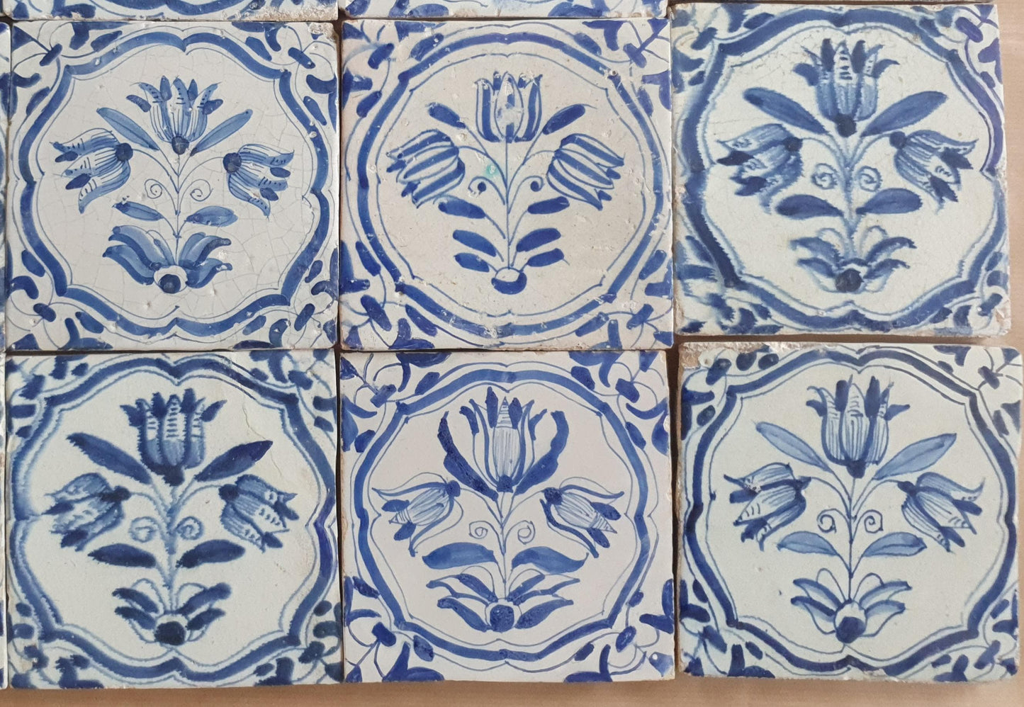 Antique Delft Tulip Tiles, 17th Century Dutch Wall Decor, Set of 20