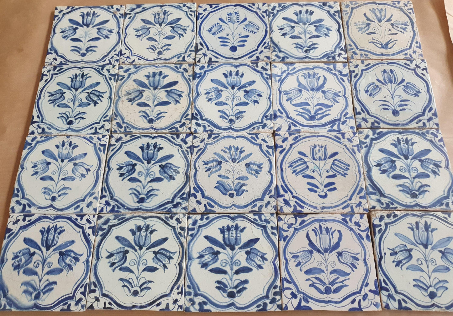 Antique Delft Tulip Tiles, 17th Century Dutch Wall Decor, Set of 20
