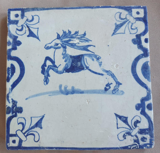 Dutch Delft  Tile, Deer in baluster, 17th century blue walltile, ca 1630