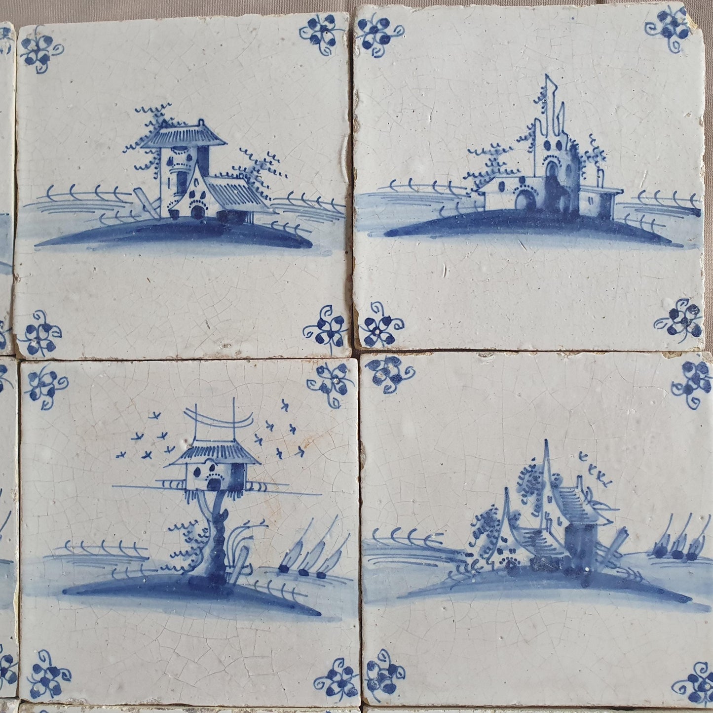 Antique Delft landscape Tiles, 17th Century Dutch Wall Decor, Set of 9