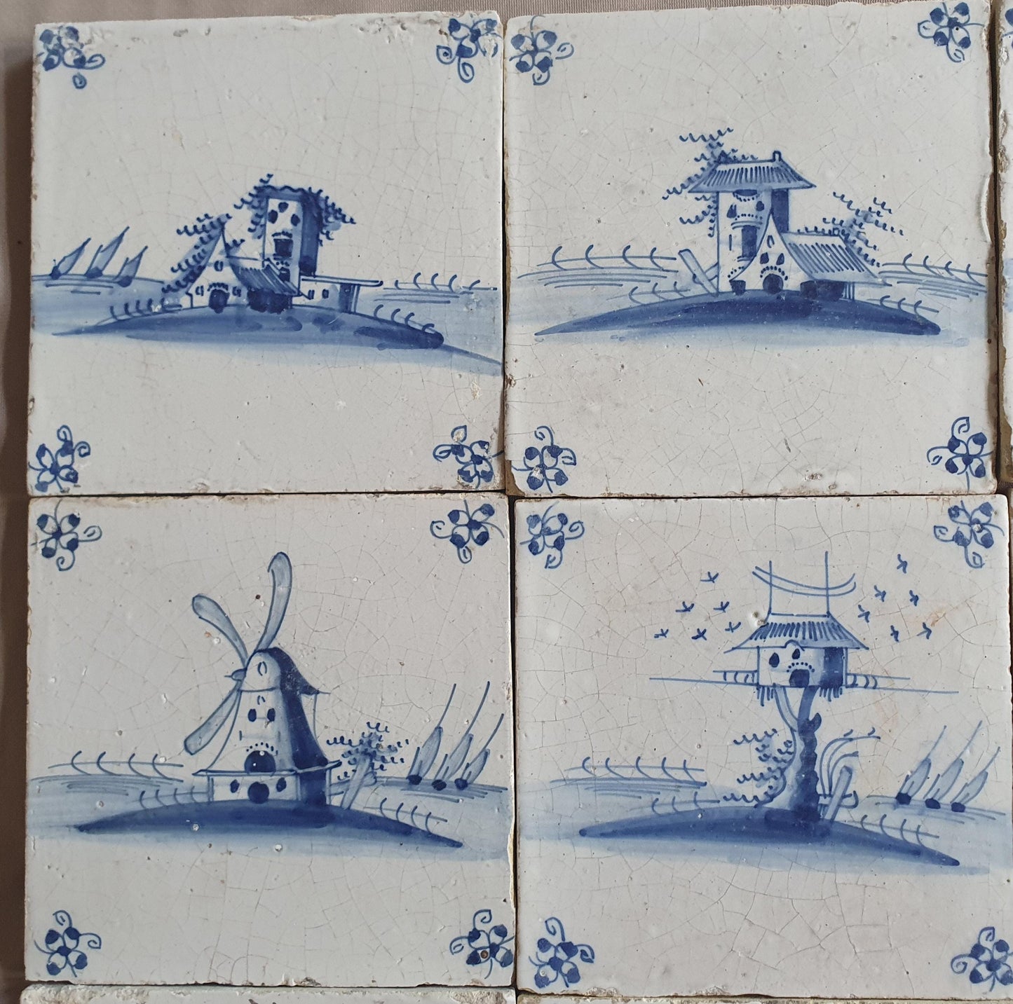 Antique Delft landscape Tiles, 17th Century Dutch Wall Decor, Set of 9