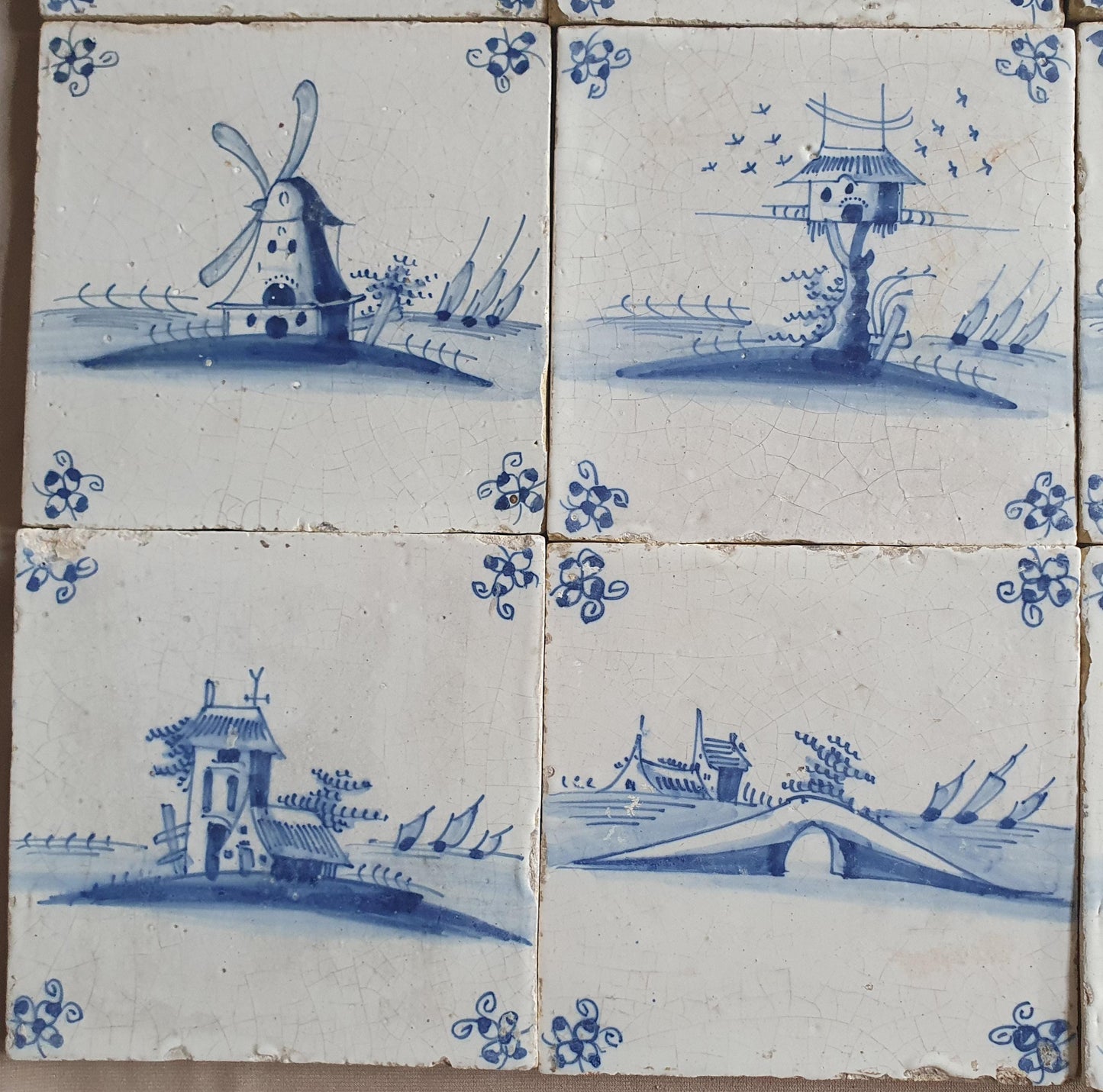 Antique Delft landscape Tiles, 17th Century Dutch Wall Decor, Set of 9