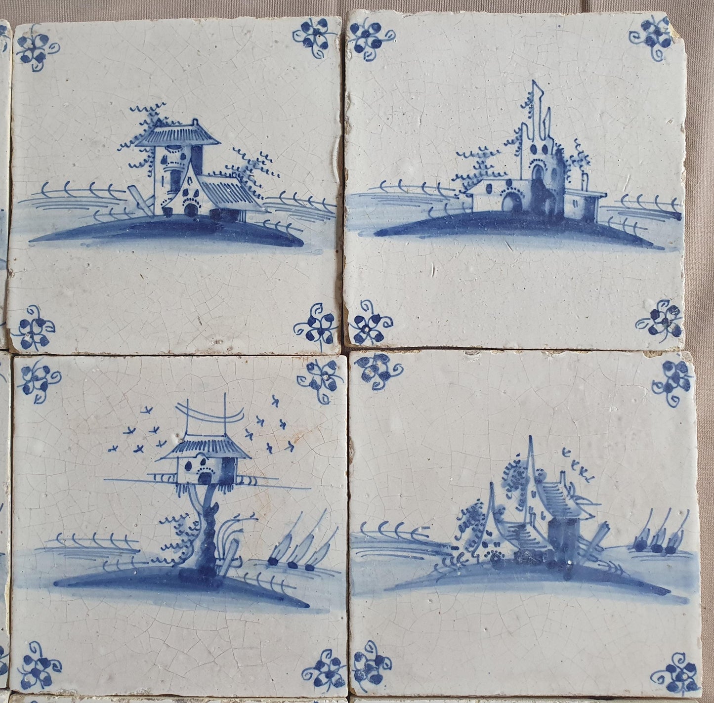 Antique Delft landscape Tiles, 17th Century Dutch Wall Decor, Set of 9
