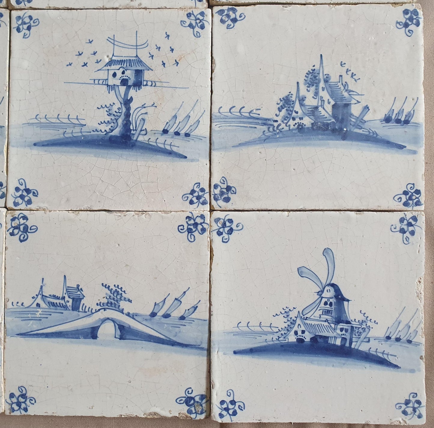 Antique Delft landscape Tiles, 17th Century Dutch Wall Decor, Set of 9
