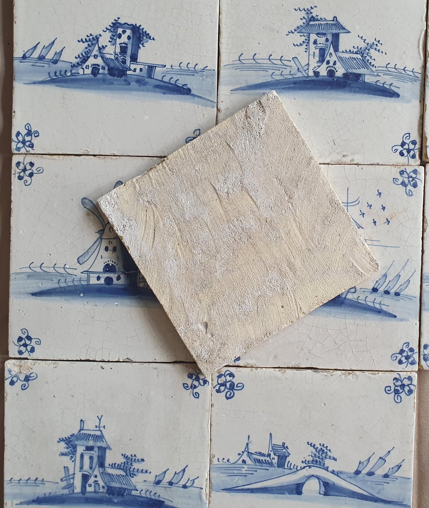 Antique Delft landscape Tiles, 17th Century Dutch Wall Decor, Set of 9