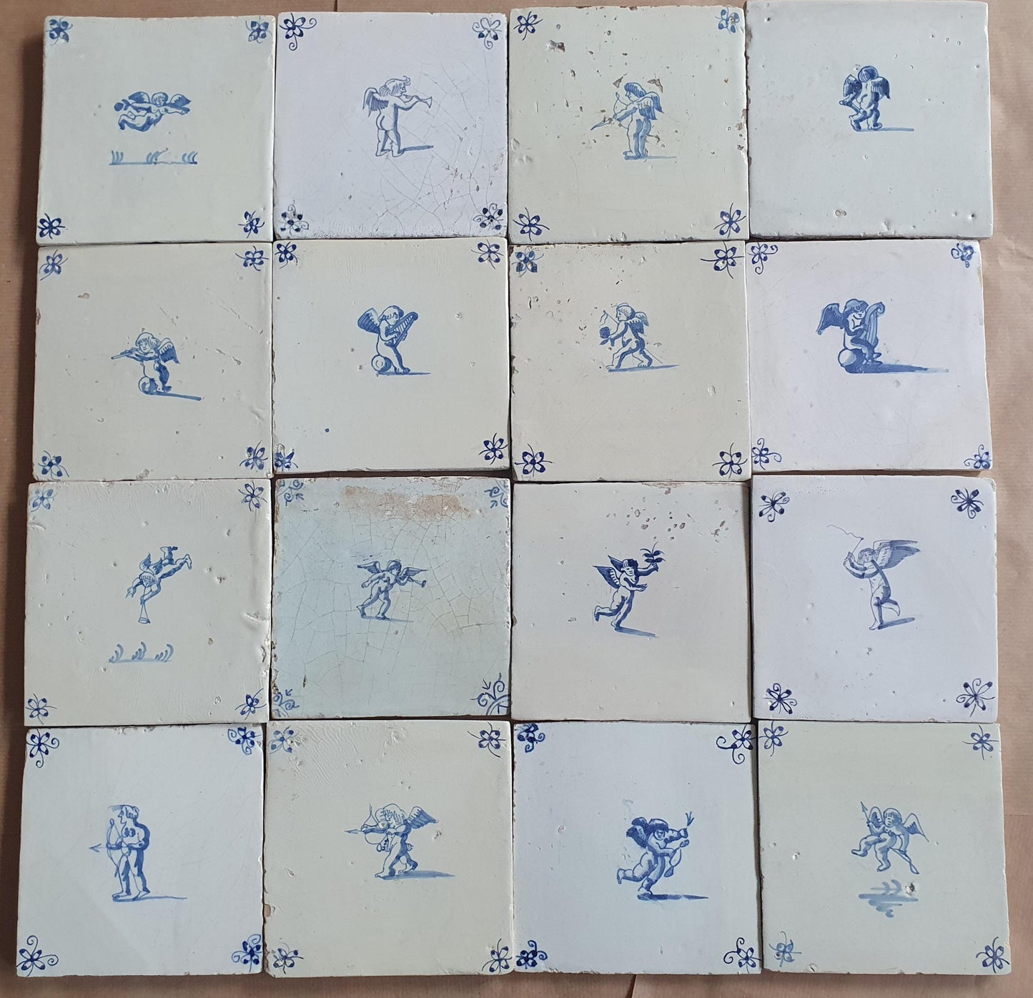 Antique Delft Cherub Tiles, 17th Century Dutch Wall Decor Set
