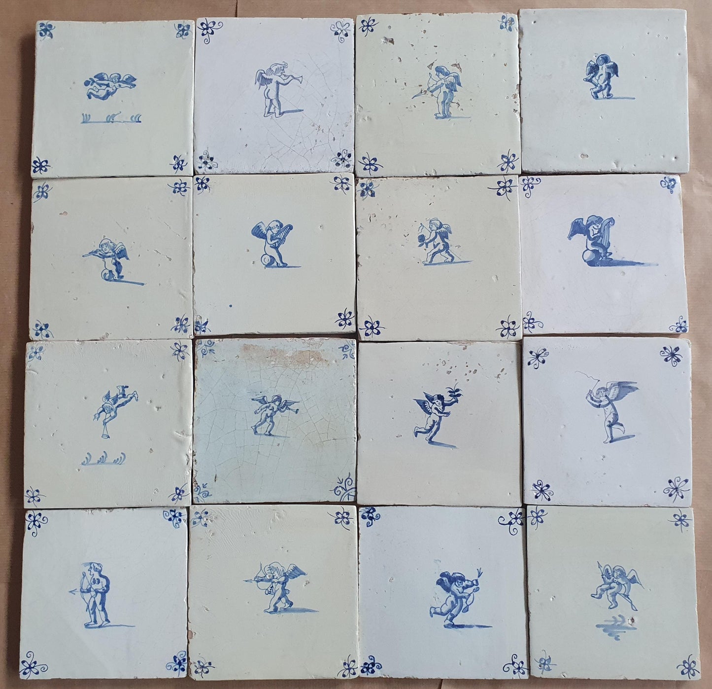 Antique Delft Cherub Tiles, 17th Century Dutch Wall Decor Set