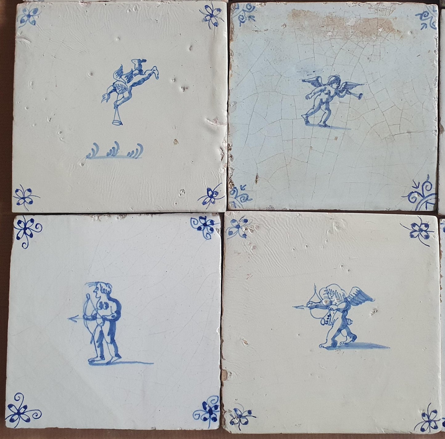 Antique Delft Cherub Tiles, 17th Century Dutch Wall Decor Set