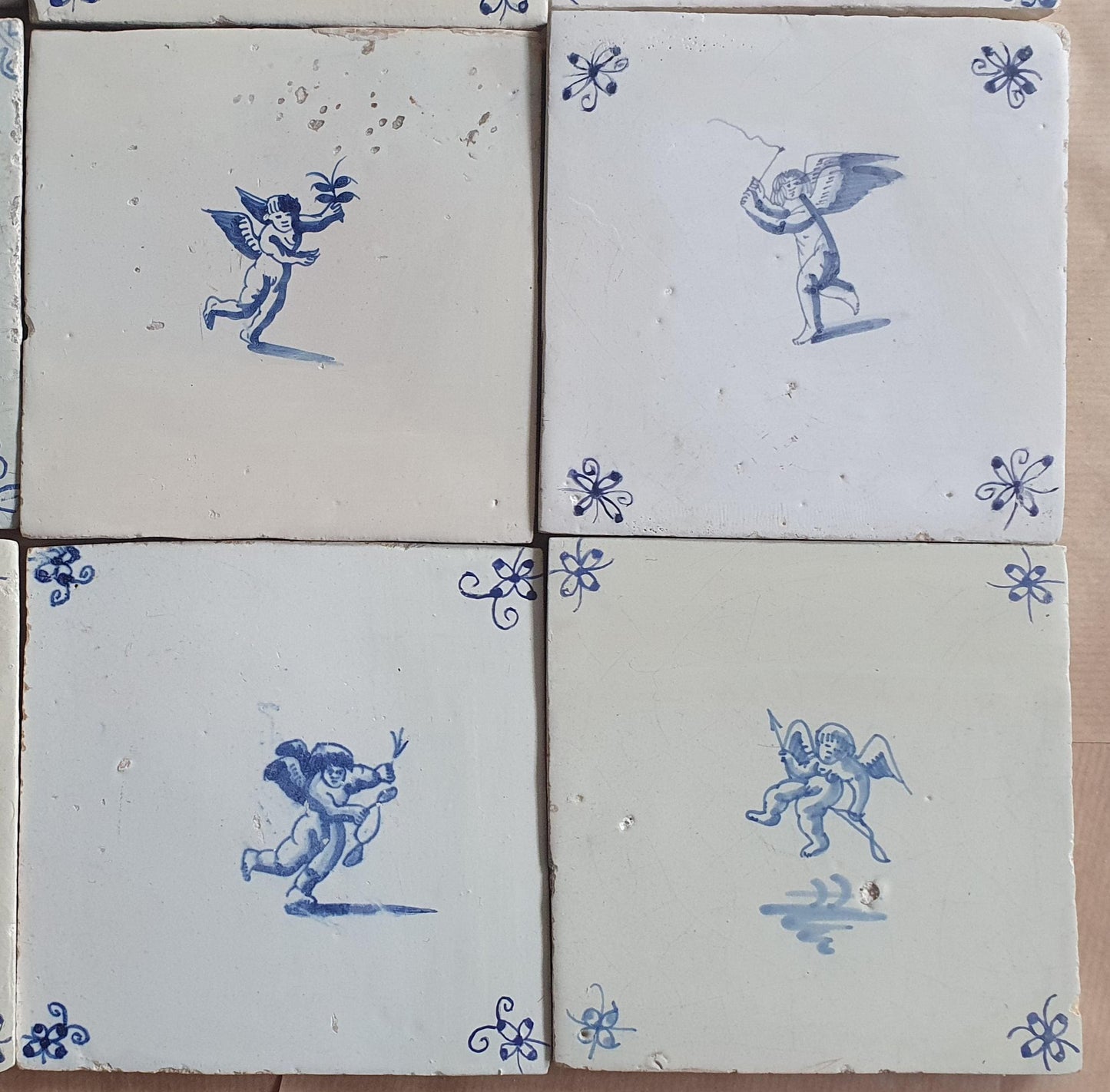 Antique Delft Cherub Tiles, 17th Century Dutch Wall Decor Set