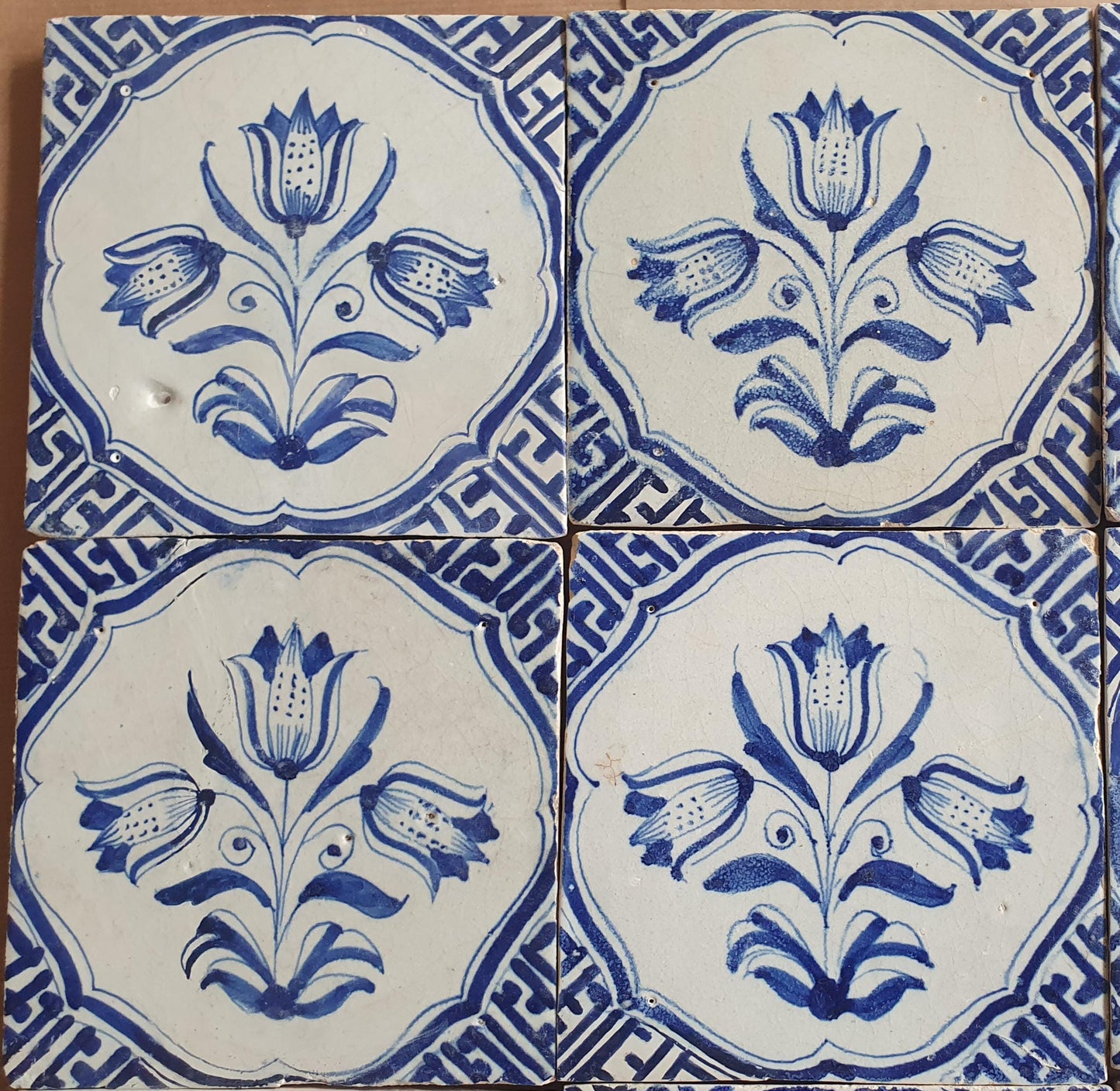 Antique Delft Tulip Tiles, 17th Century Dutch Wall Decor, Set of 12