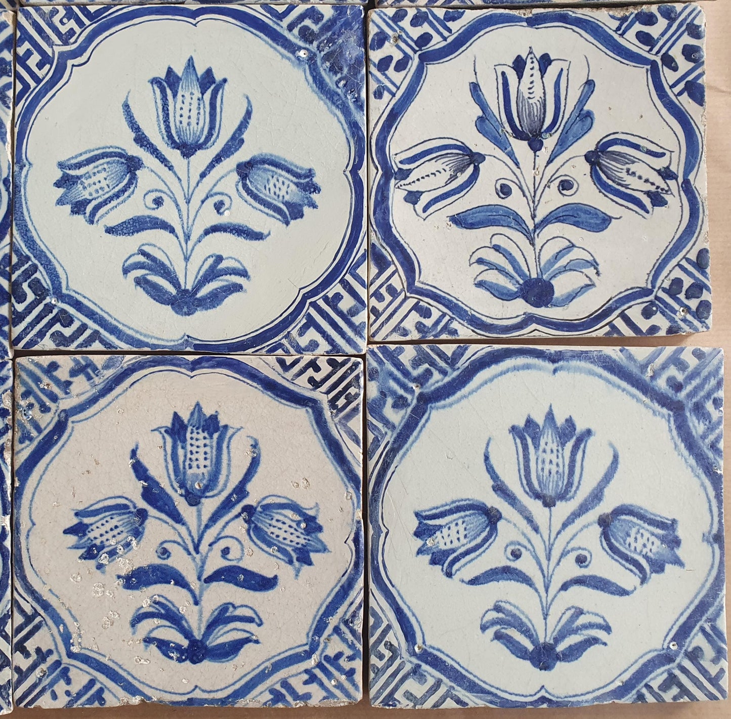 Antique Delft Tulip Tiles, 17th Century Dutch Wall Decor, Set of 12