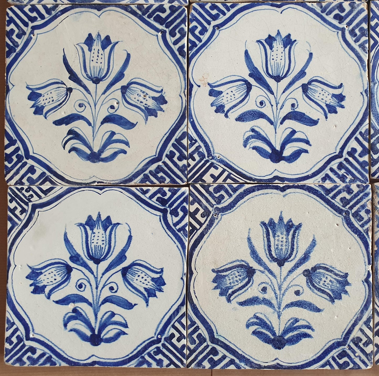 Antique Delft Tulip Tiles, 17th Century Dutch Wall Decor, Set of 12