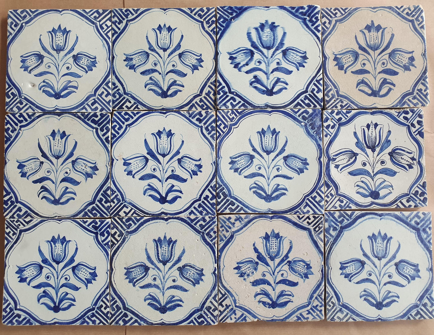 Antique Delft Tulip Tiles, 17th Century Dutch Wall Decor, Set of 12