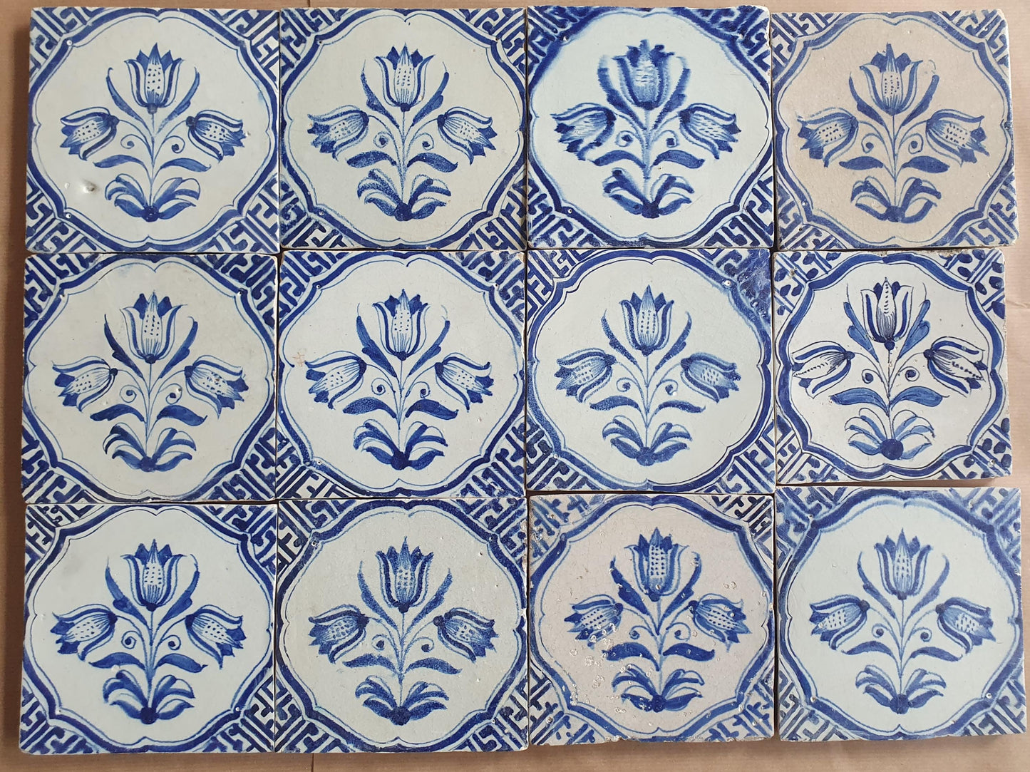 Antique Delft Tulip Tiles, 17th Century Dutch Wall Decor, Set of 12