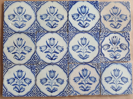 Antique Delft Tulip Tiles, 17th Century Dutch Wall Decor, Set of 12