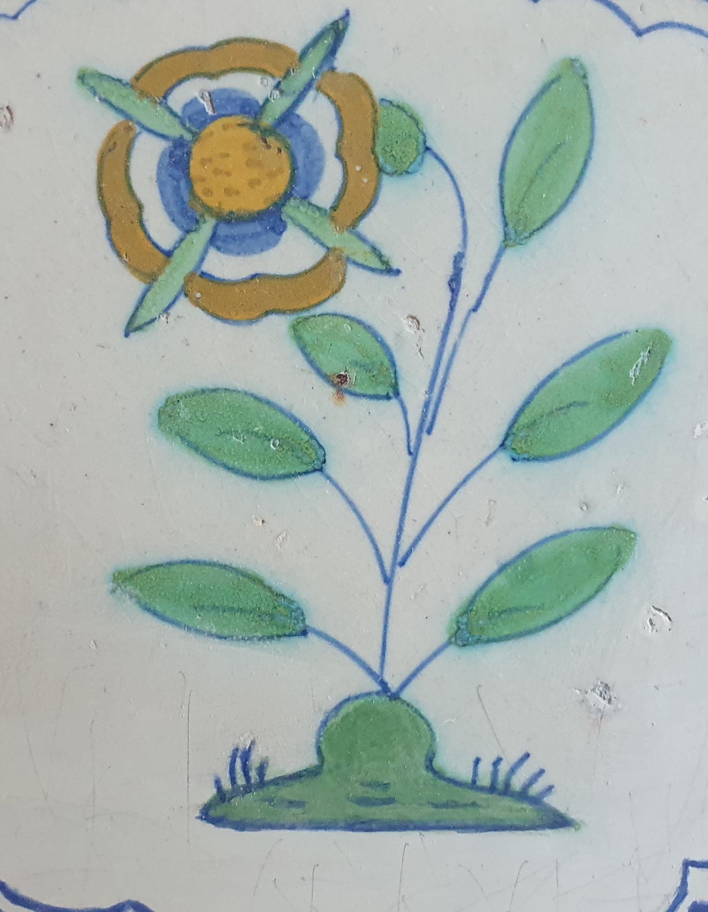 Dutch Delft Tile, Flower, 17th century polychrome walltile, ca 1640-1660