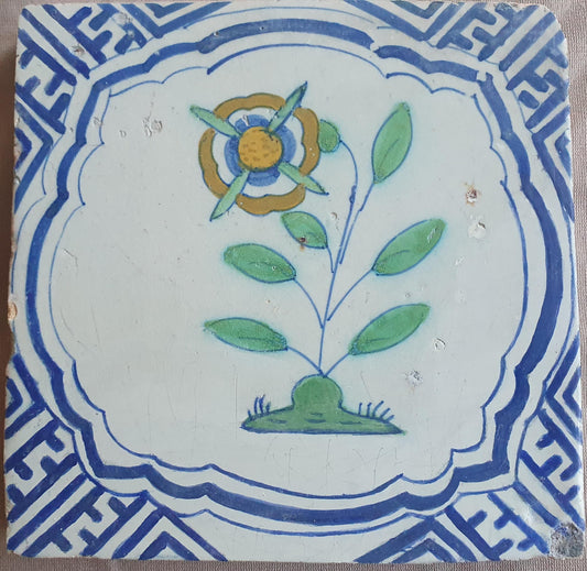 Dutch Delft Tile, Flower, 17th century polychrome walltile, ca 1640-1660