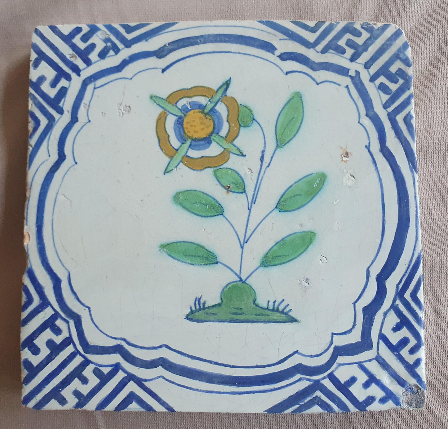 Dutch Delft Tile, Flower, 17th century polychrome walltile, ca 1640-1660