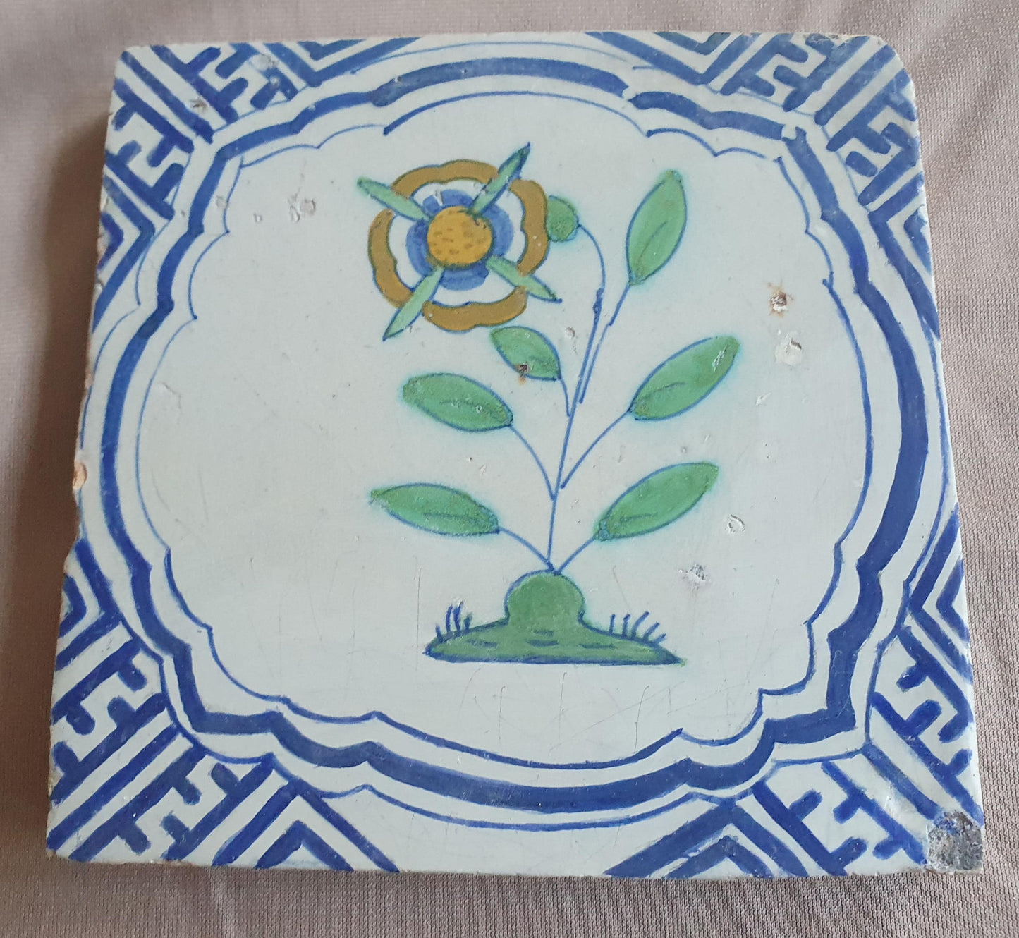 Dutch Delft Tile, Flower, 17th century polychrome walltile, ca 1640-1660