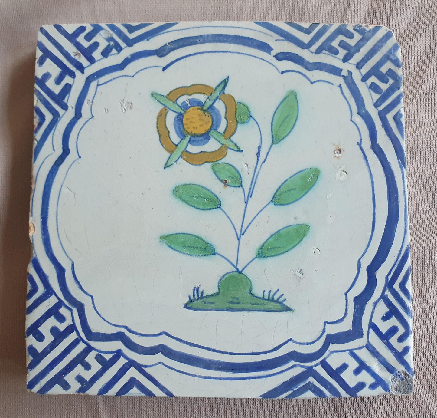 Dutch Delft Tile, Flower, 17th century polychrome walltile, ca 1640-1660