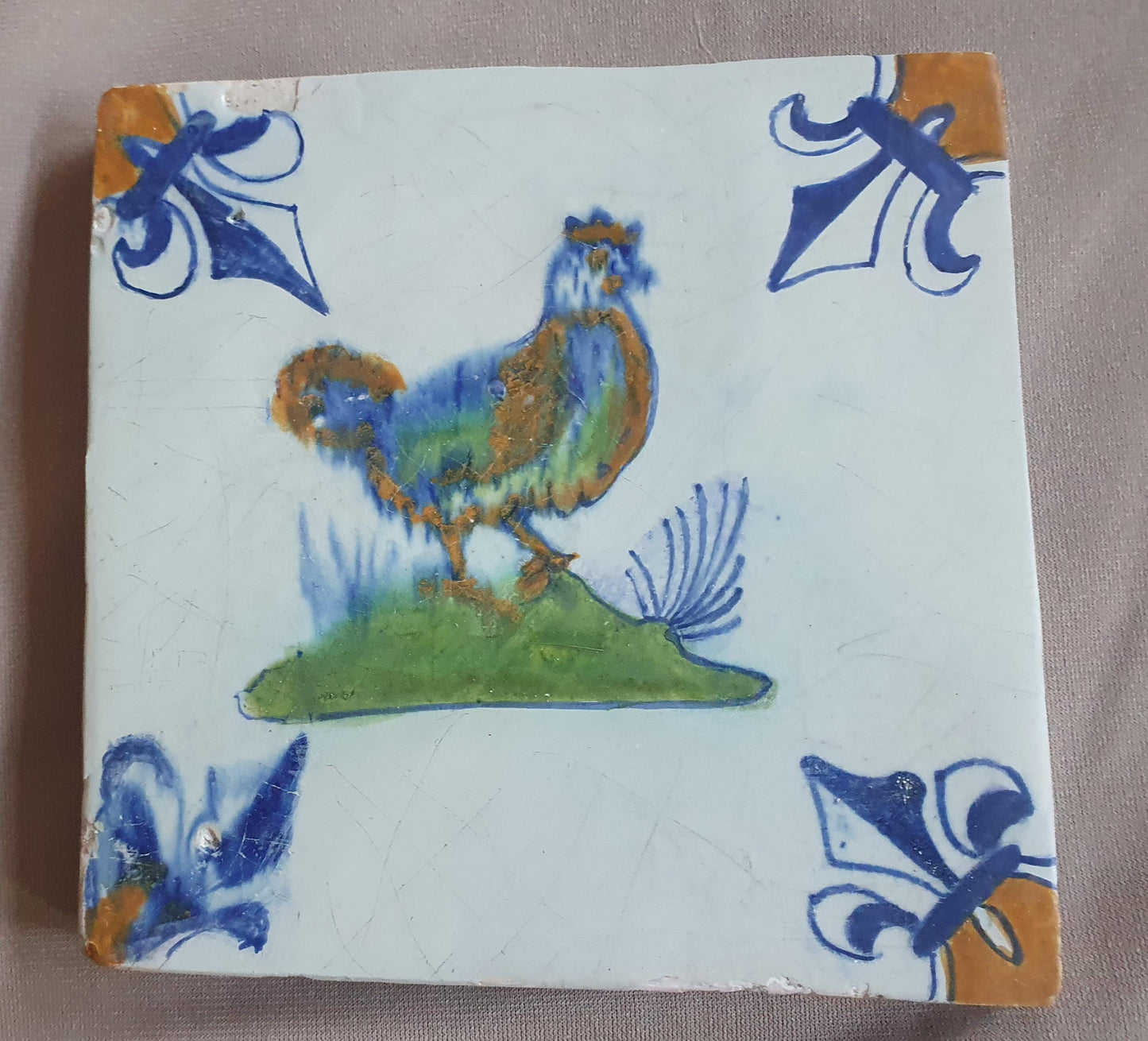 Dutch Delft Tile, Chicken, 17th century polychrome walltile, ca 1640