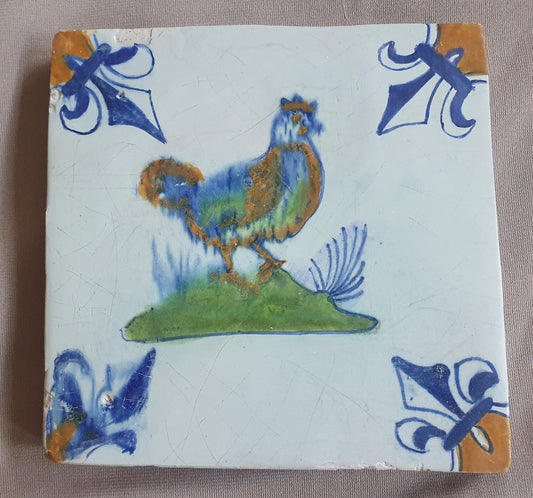 Dutch Delft Tile, Chicken, 17th century polychrome walltile, ca 1640