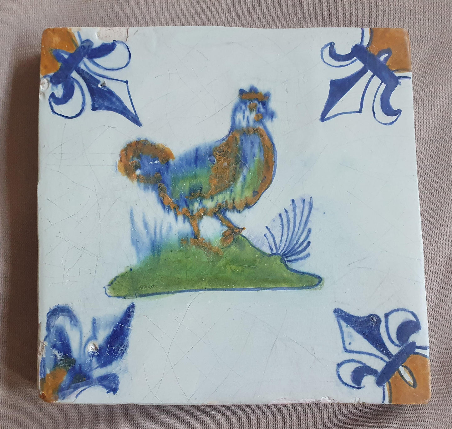 Dutch Delft Tile, Chicken, 17th century polychrome walltile, ca 1640