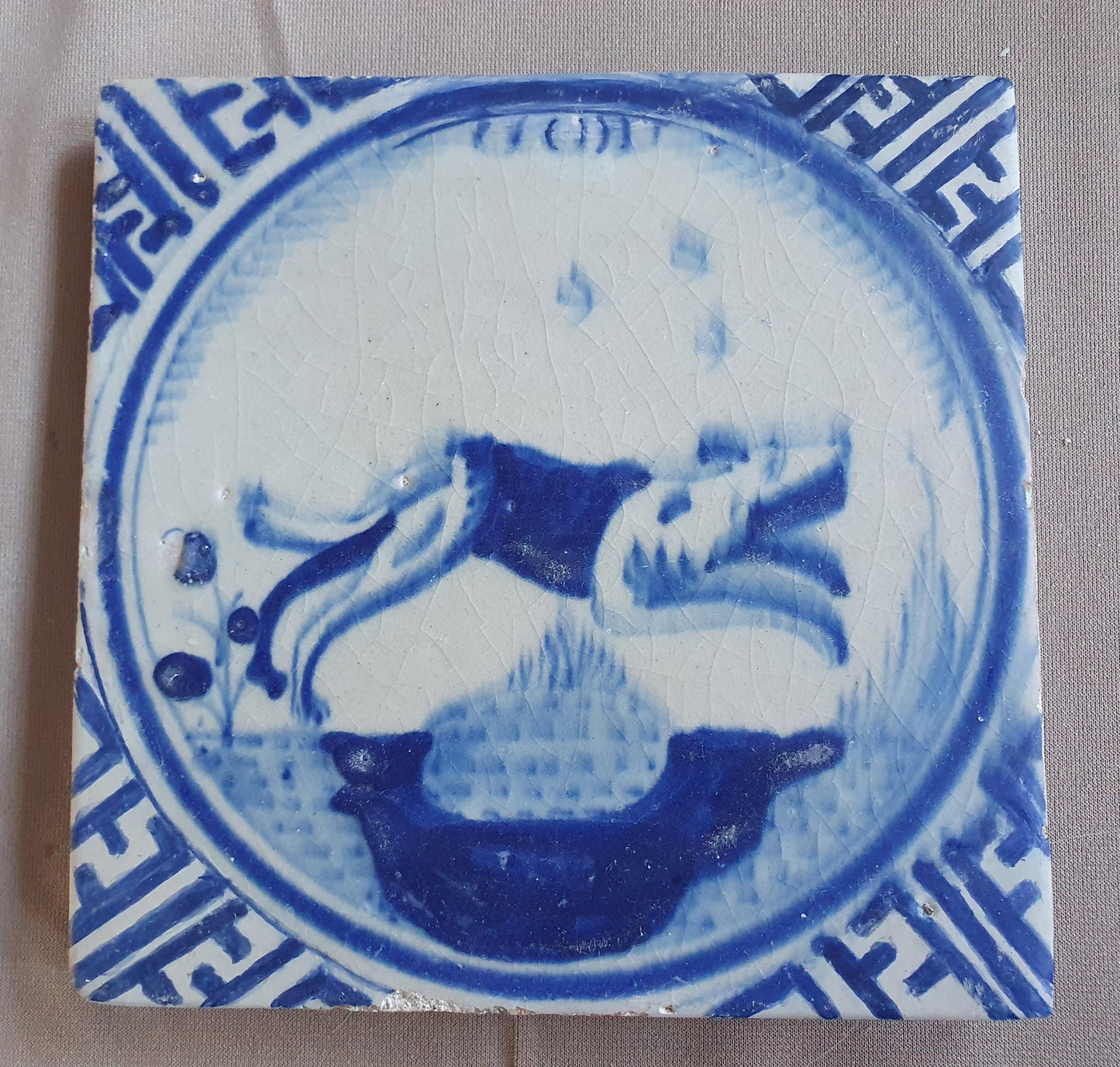 Dutch Delft Tile, Dog , 17th century blue walltile, ca 1640
