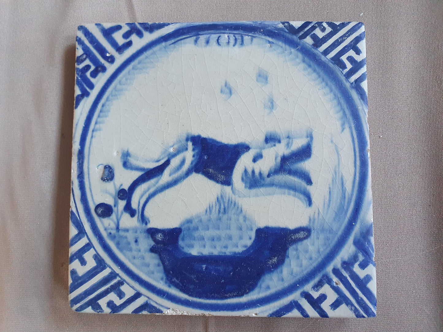 Dutch Delft Tile, Dog , 17th century blue walltile, ca 1640