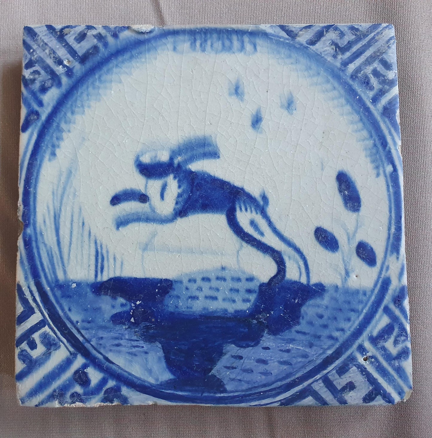 Dutch Delft Tile, Hare , 17th century blue walltile, ca 1640