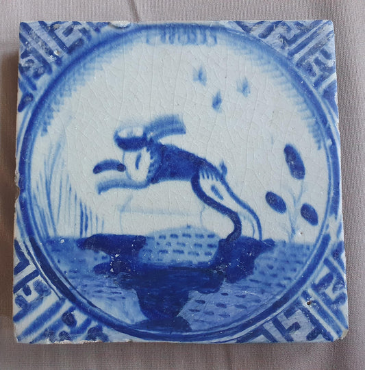 Dutch Delft Tile, Hare , 17th century blue walltile, ca 1640