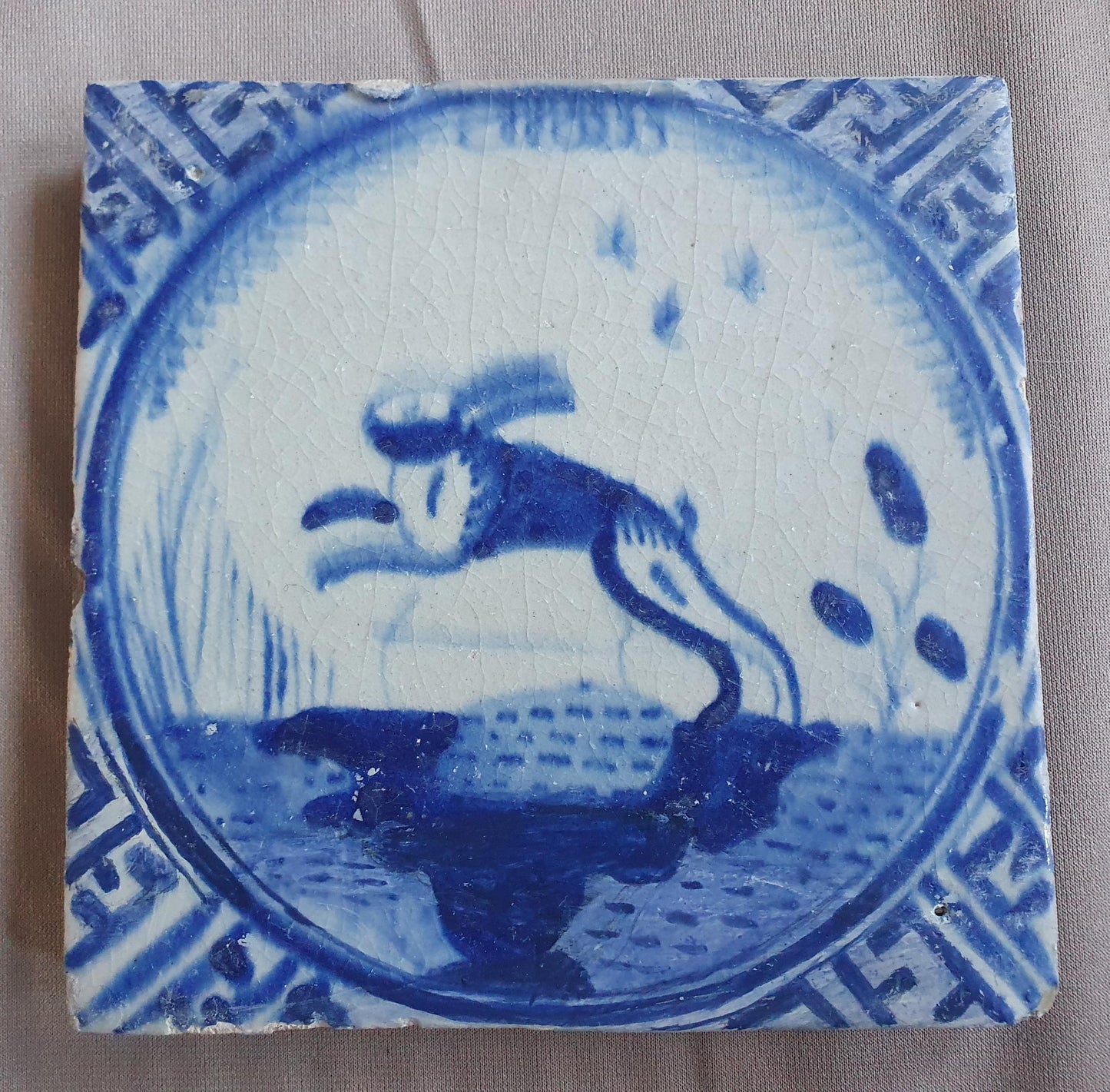 Dutch Delft Tile, Hare , 17th century blue walltile, ca 1640