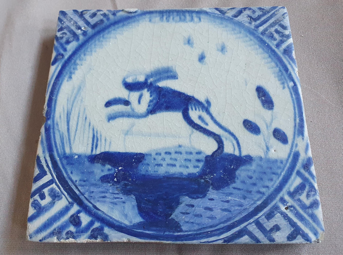 Dutch Delft Tile, Hare , 17th century blue walltile, ca 1640